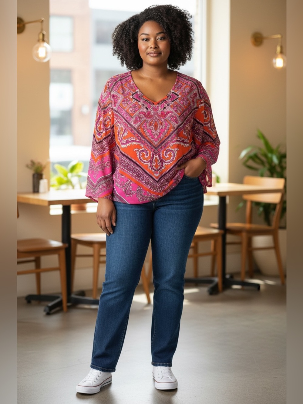 Sara Michelle Pink and Orange Paisley V-Neck Blouse